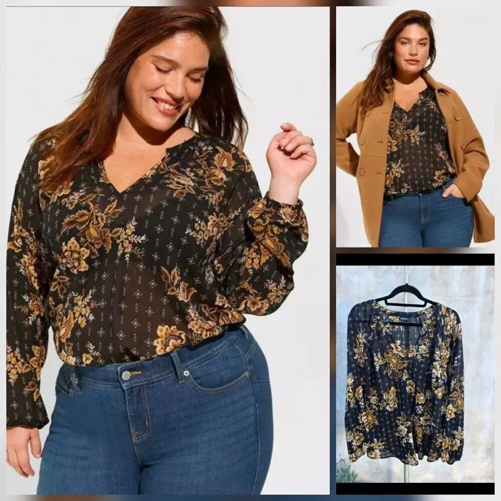 Torrid dark Floral top crinkle chiffon lurex peasant top